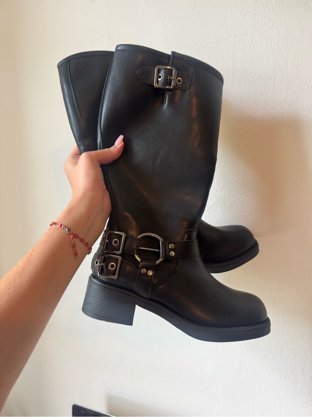 Black Mid-Calf Buckle Leather Boots